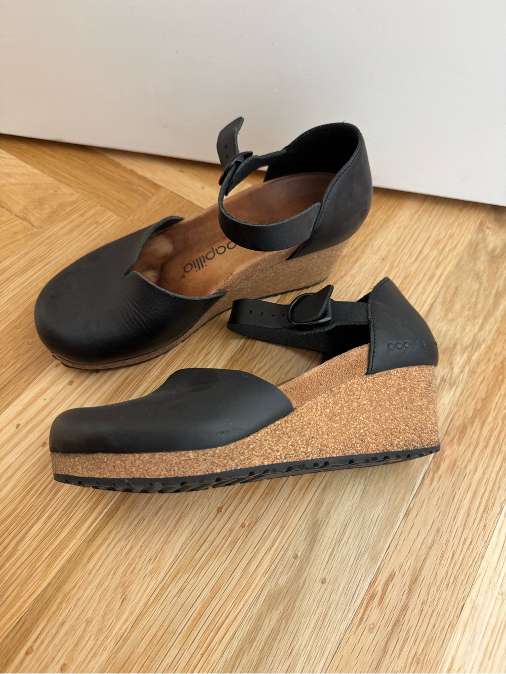 Papillio Black Leather Cork Wedge Sandals with Ankle Strap